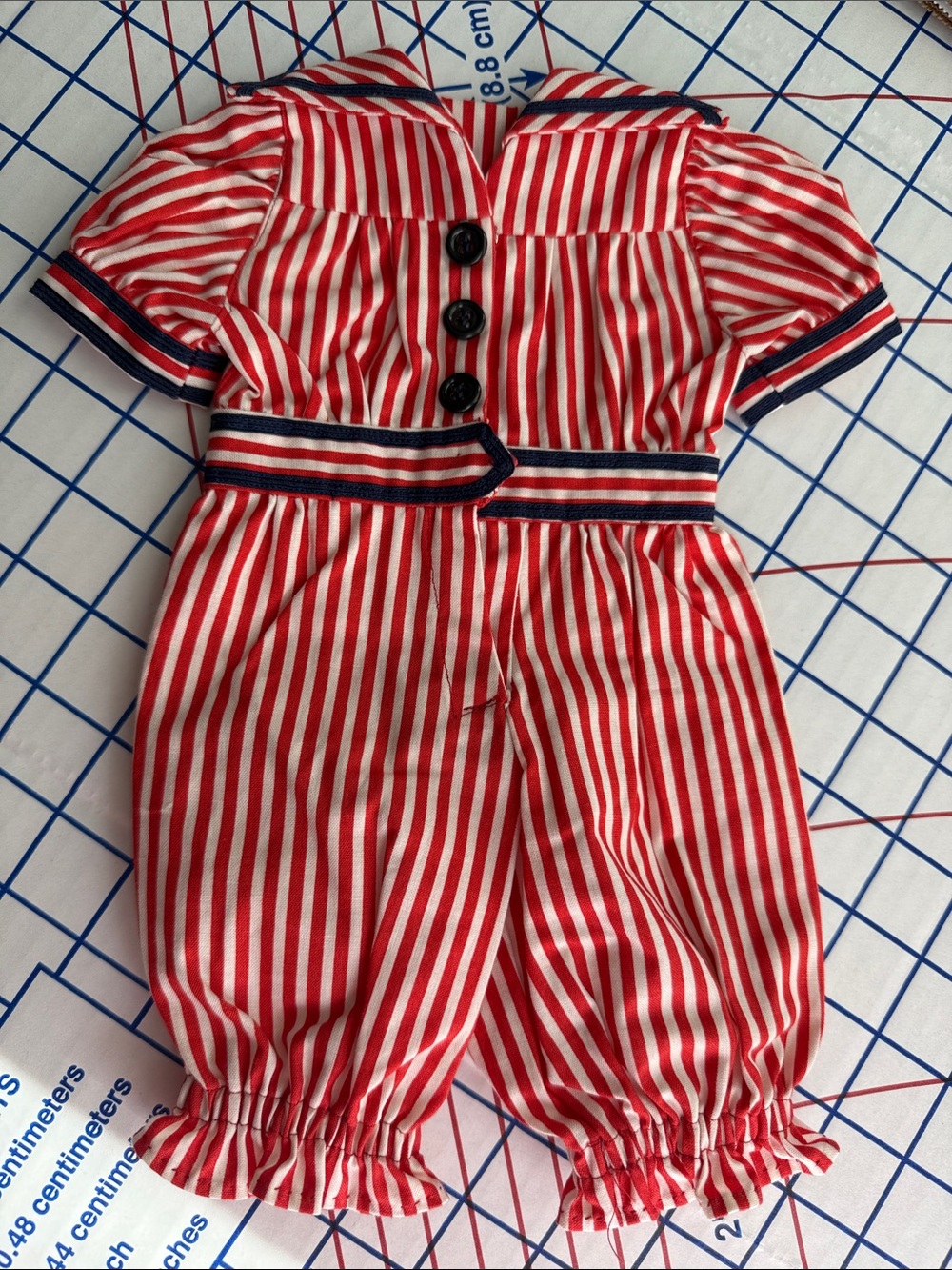 Vintage Handmade 18” Doll Romper Red White Stripe Nautical Cotton Outfit